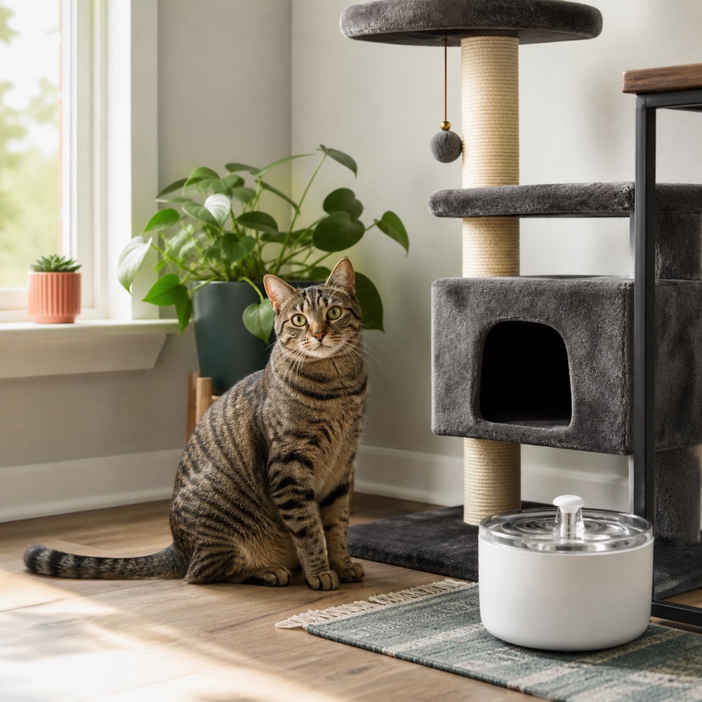 A tabby cat beside a cat tree and water fountain