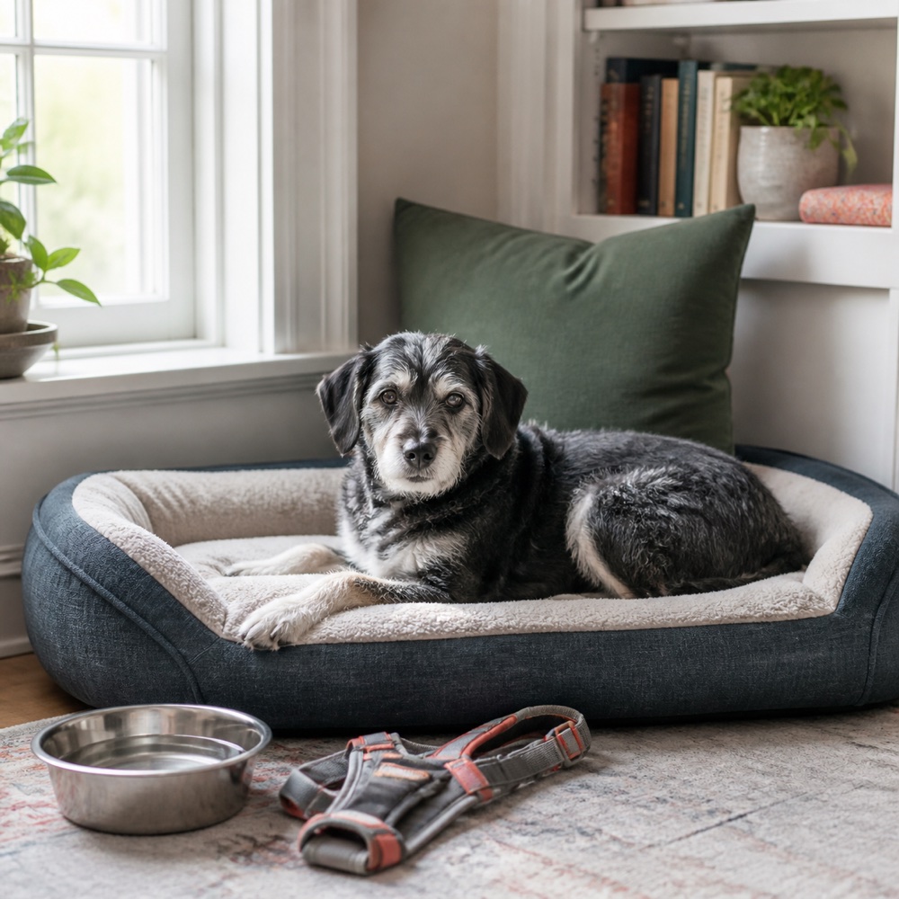An older dog resting comfortably in a supportive bed