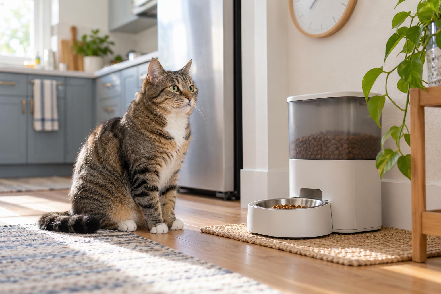 Tabby cat waiting beside an automatic feeder in a bright home kitchen