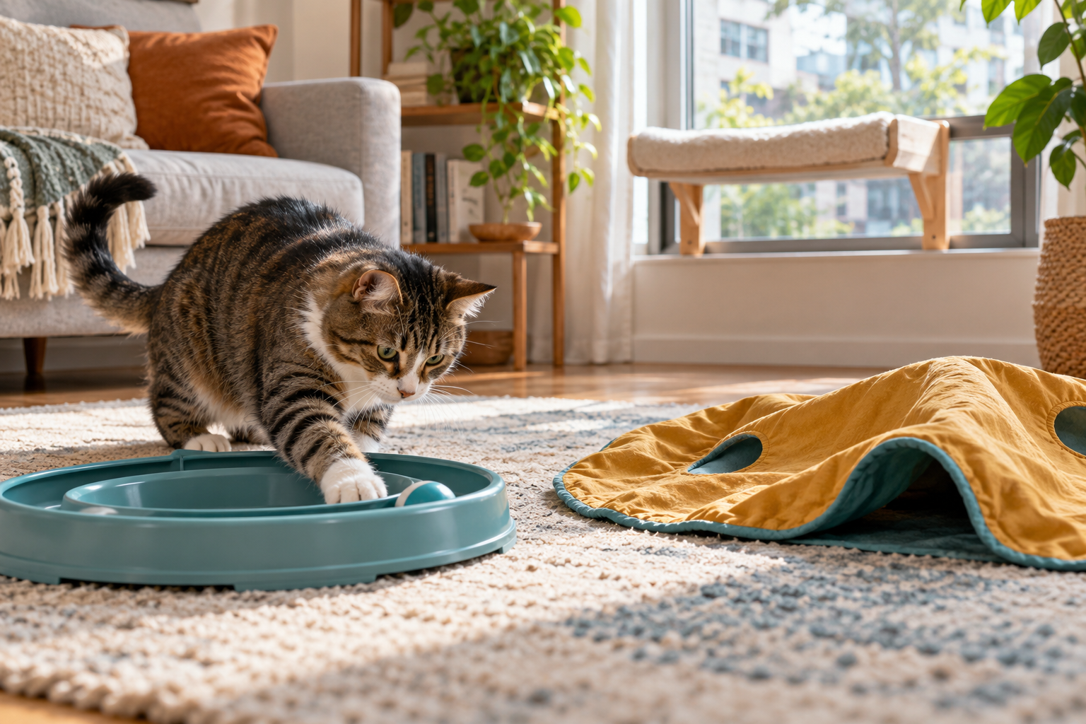 Indoor cat playing with a track toy beside a fabric hide-and-seek mat
