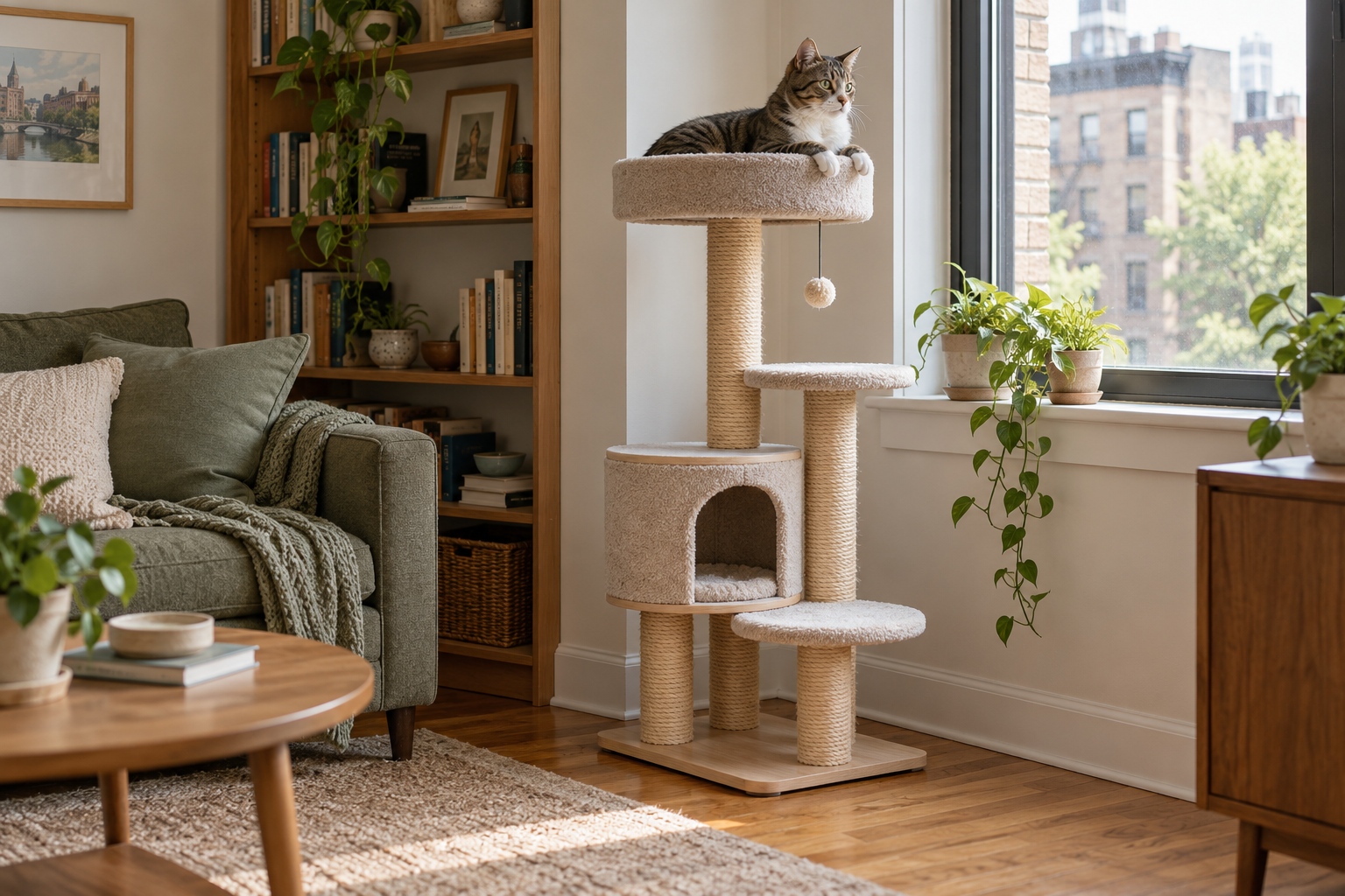 Tabby cat resting on a compact vertical cat tree beside an apartment window