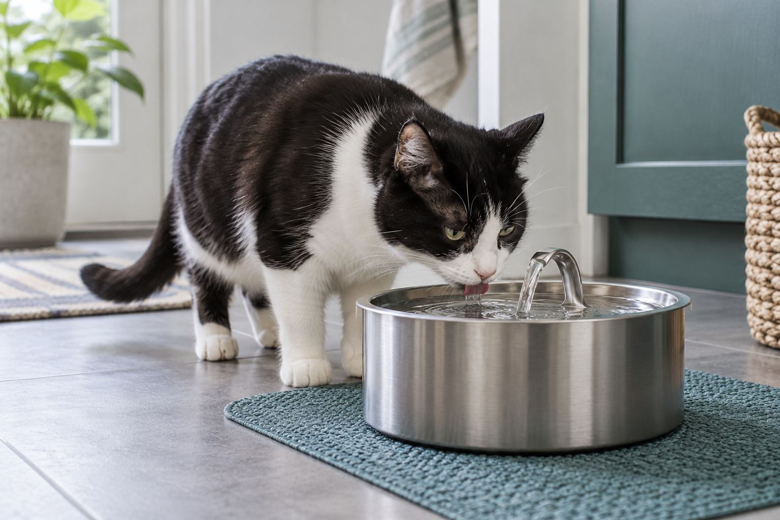 Black-and-white cat drinking from a stainless-steel water fountain