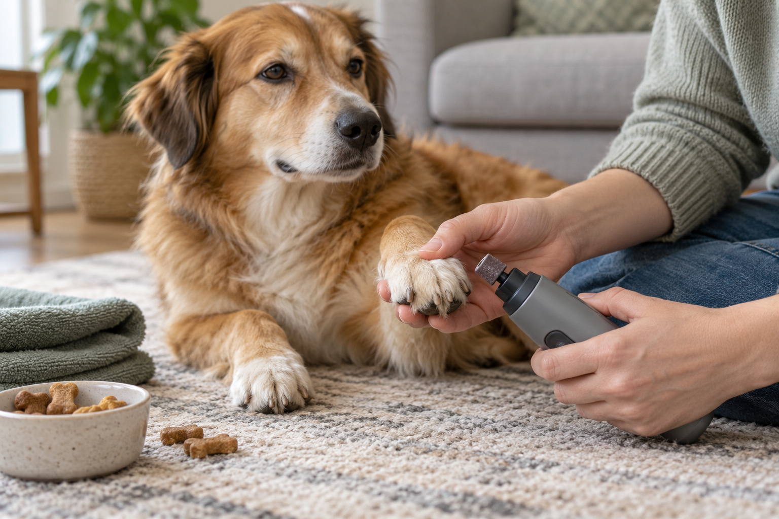 Calm dog resting while an owner prepares an unbranded nail grinder near one front paw