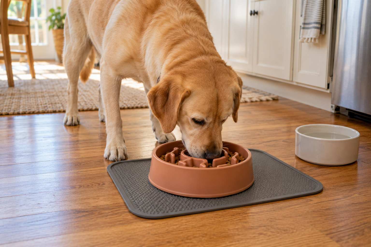Labrador mix eating from a maze-style slow-feeder bowl on a nonslip mat