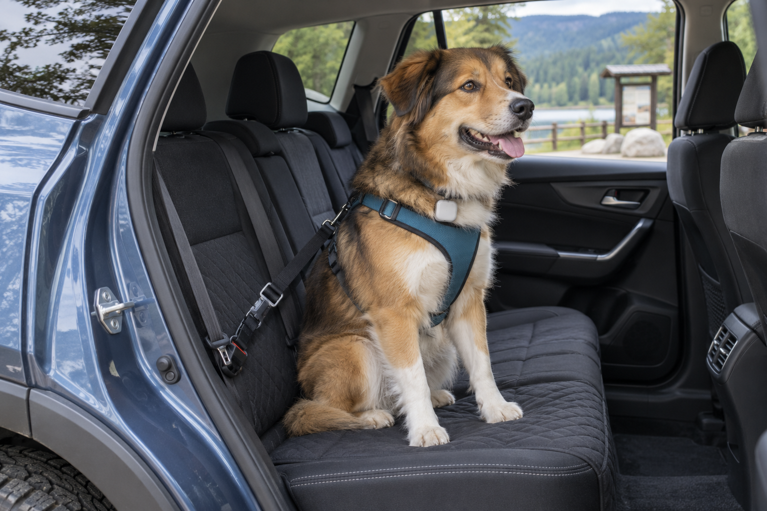 Dog secured with a vehicle restraint harness on the rear seat of a parked car
