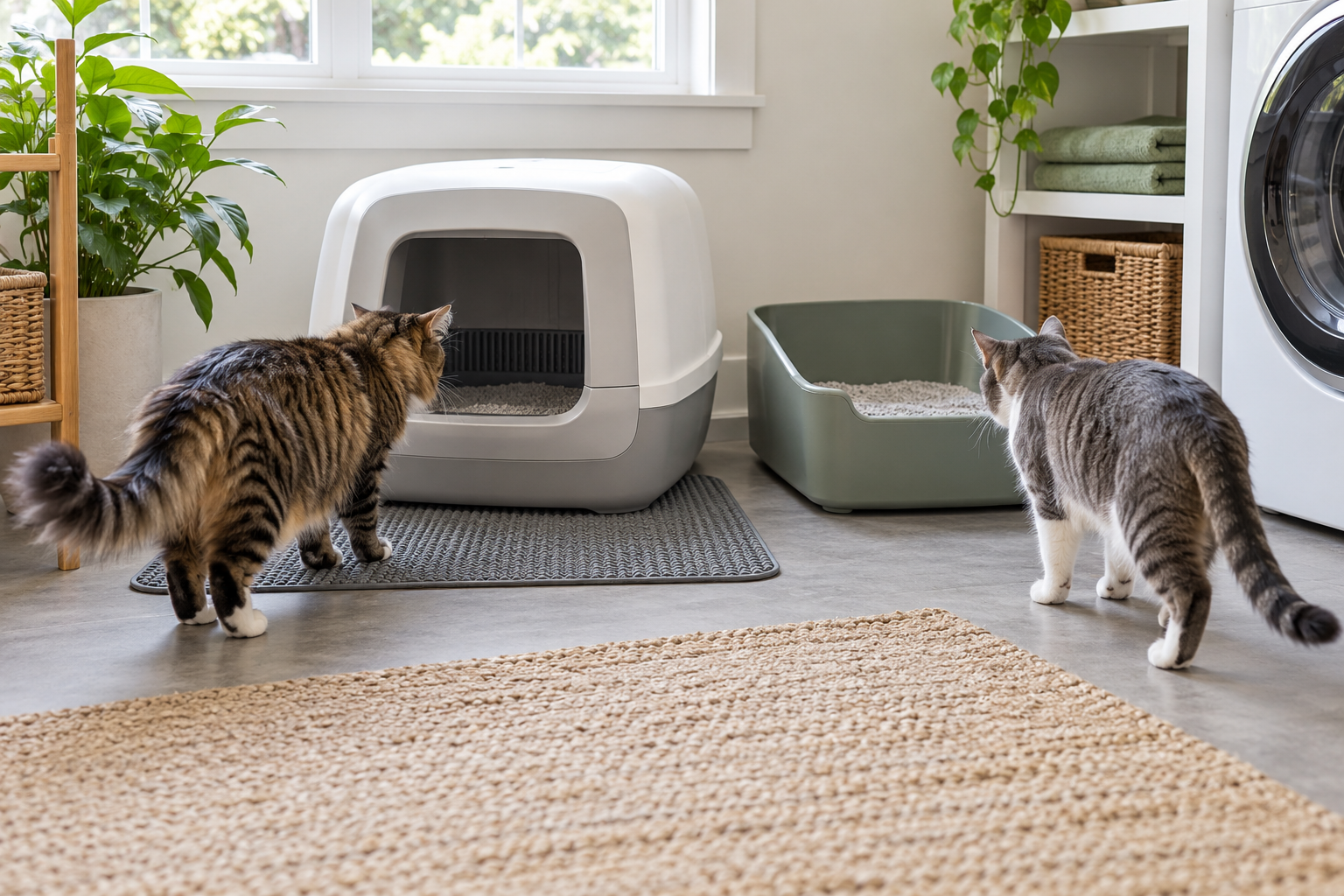 Two cats approaching separate litter stations in a clean laundry room