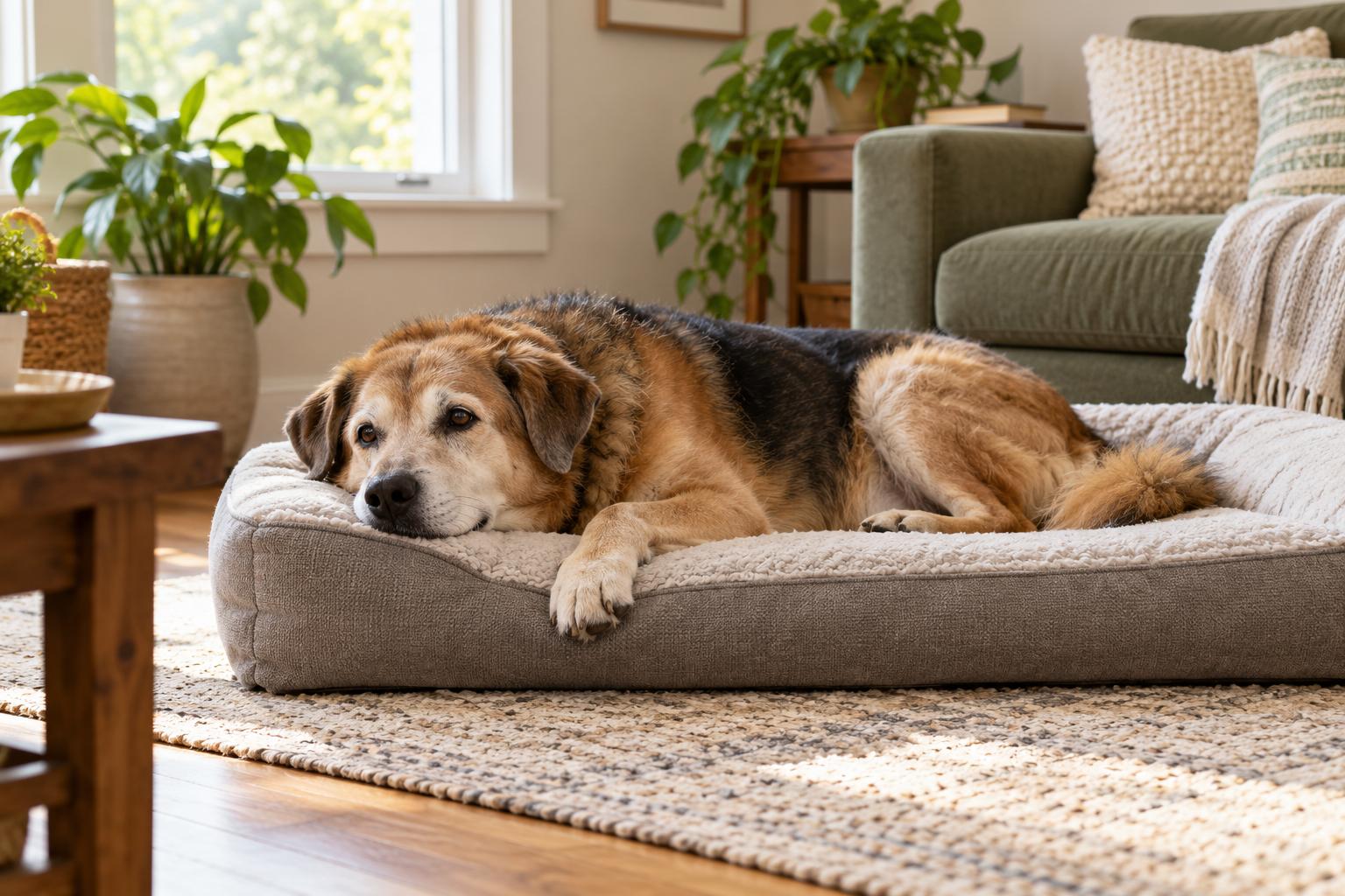 Senior large dog resting on a supportive bed in a sunlit living room